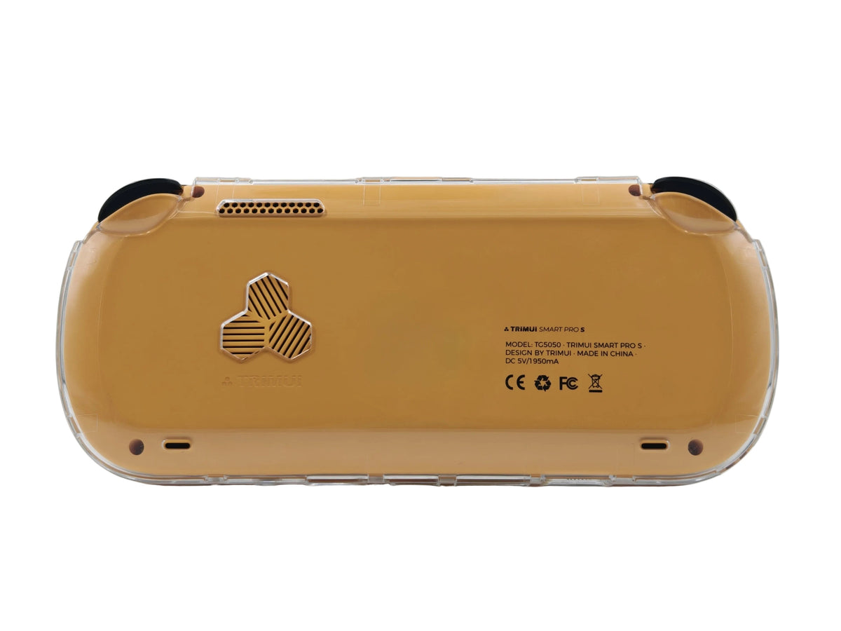 Back view of trimui smart pro s handheld gaming console with protect case
