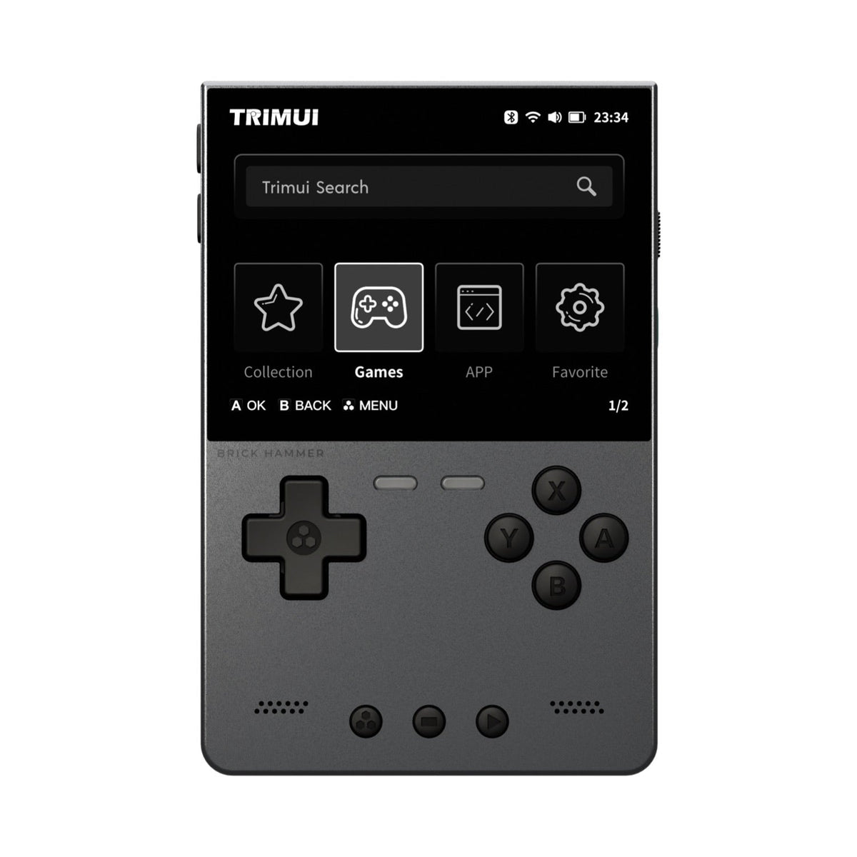 trimui brick hammer grey option with a screen displaying a user interface