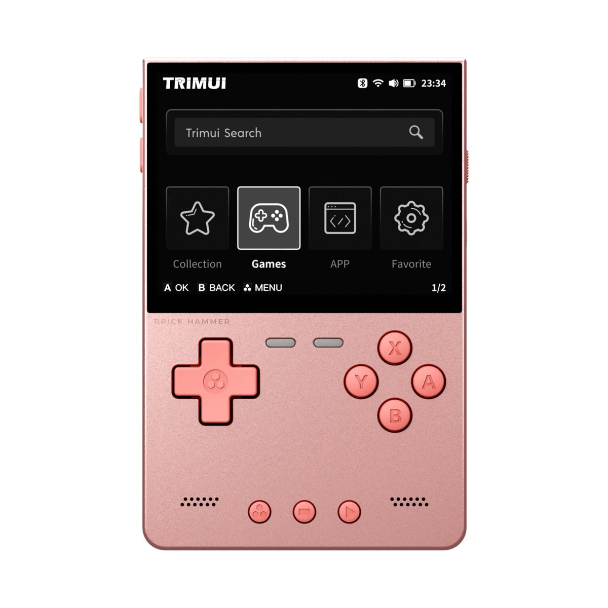 trimui brick hammer pink option with a screen displaying a user interface