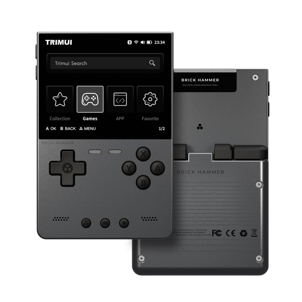 Black handheld device with screen and control buttons, resembling a classic gaming console, on a white background.