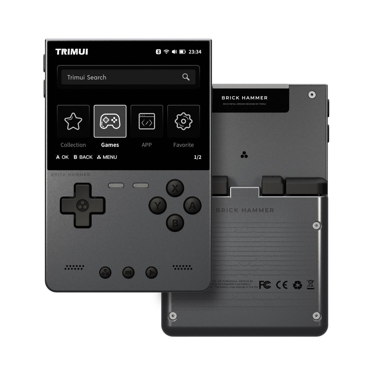 Black handheld device with screen and control buttons, resembling a classic gaming console, on a white background.