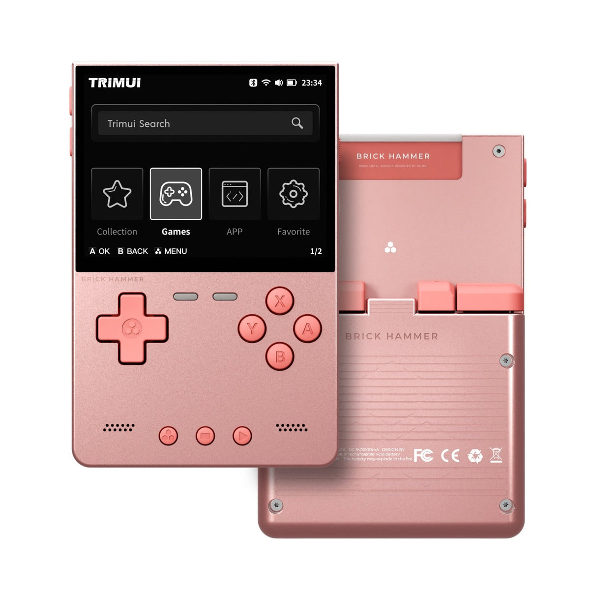 Pink handheld gaming device with screen displaying interface and back view on white background