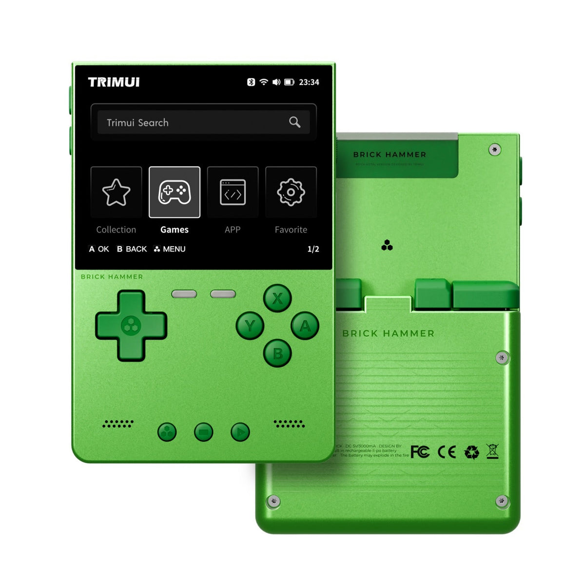 Green handheld device with screen displaying interface and 'BRICK HAMMER' branding on a white background.