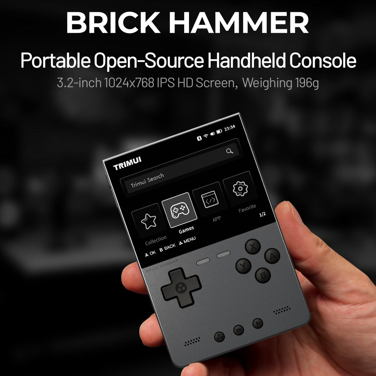 Handheld console with screen displaying 'TRIMU' branding, held in a hand against a dark background.
