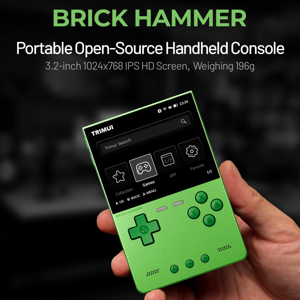 Green handheld console held in a hand with 'Brick Hammer' branding and product details.