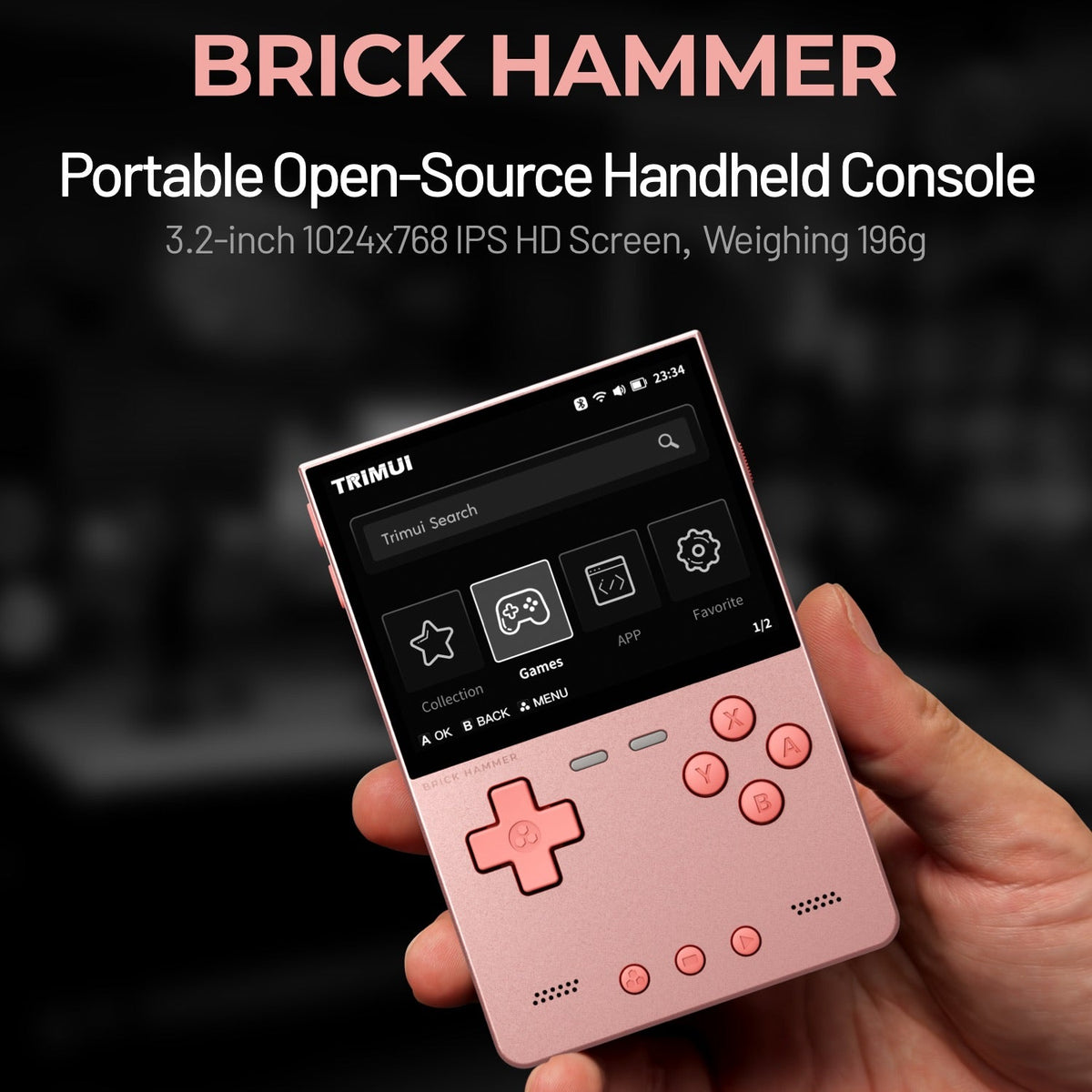 Pink handheld console with 'BRICK HAMMER' branding and text about its features.