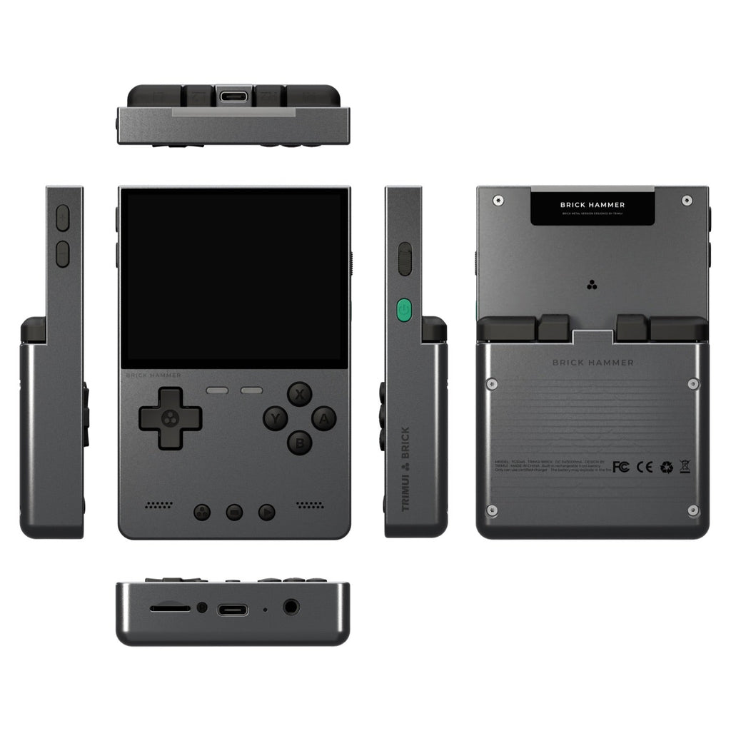Grey trimui brick hammer handheld gaming console with multiple views on a white background