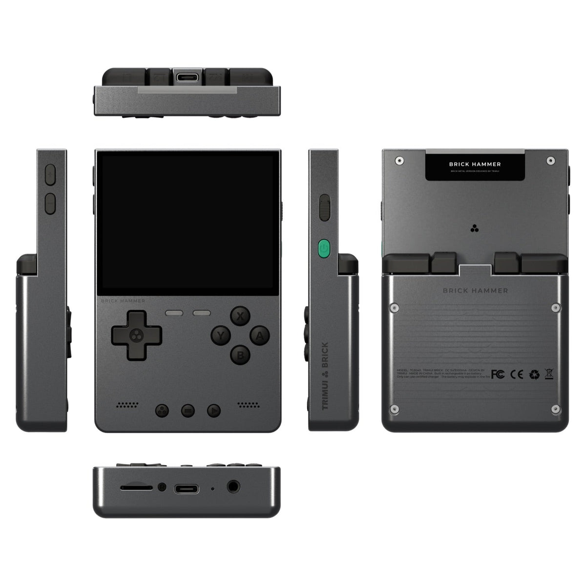 Grey trimui brick hammer handheld gaming console with multiple views on a white background