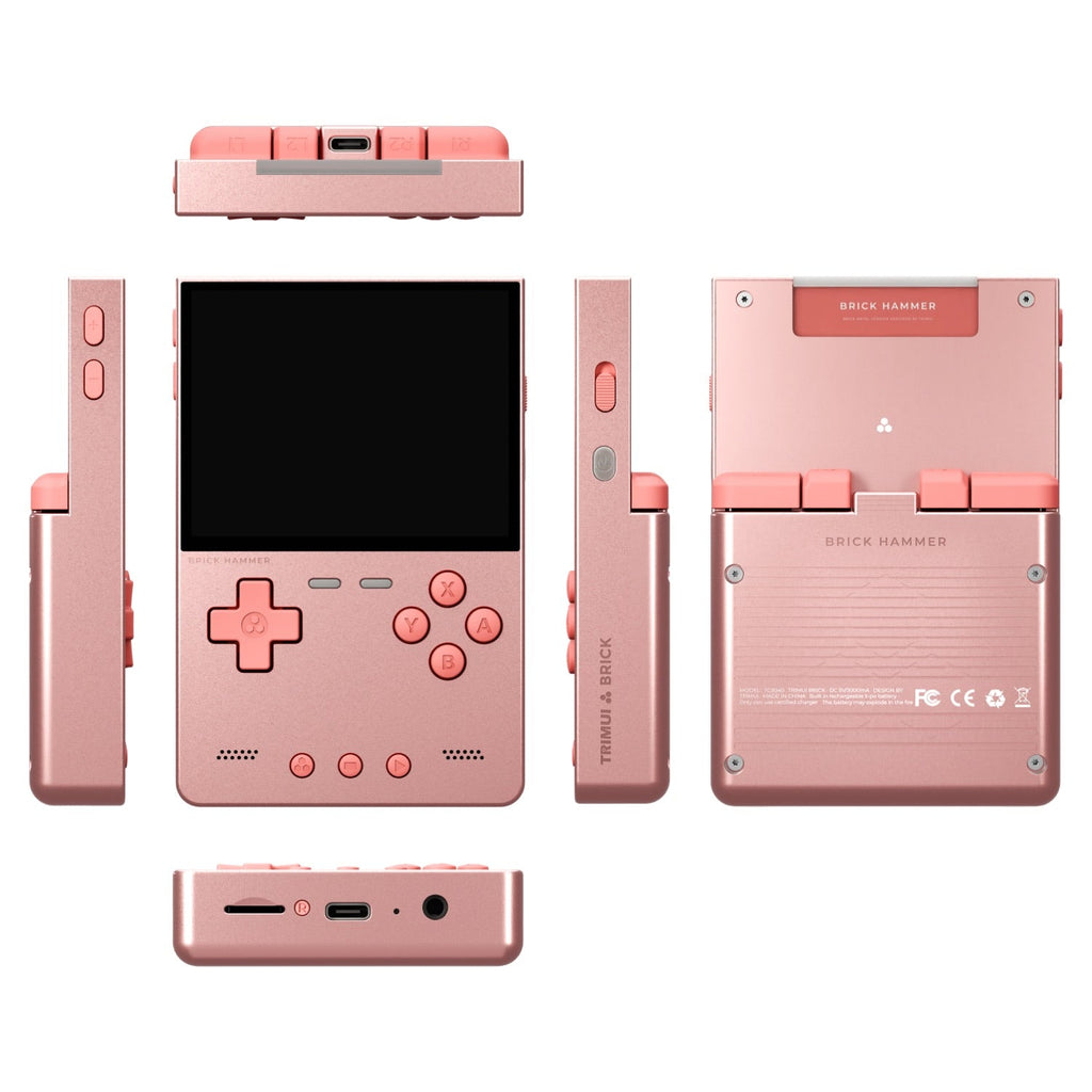 Pink trimui brick hammer handheld gaming console with multiple views on a white background