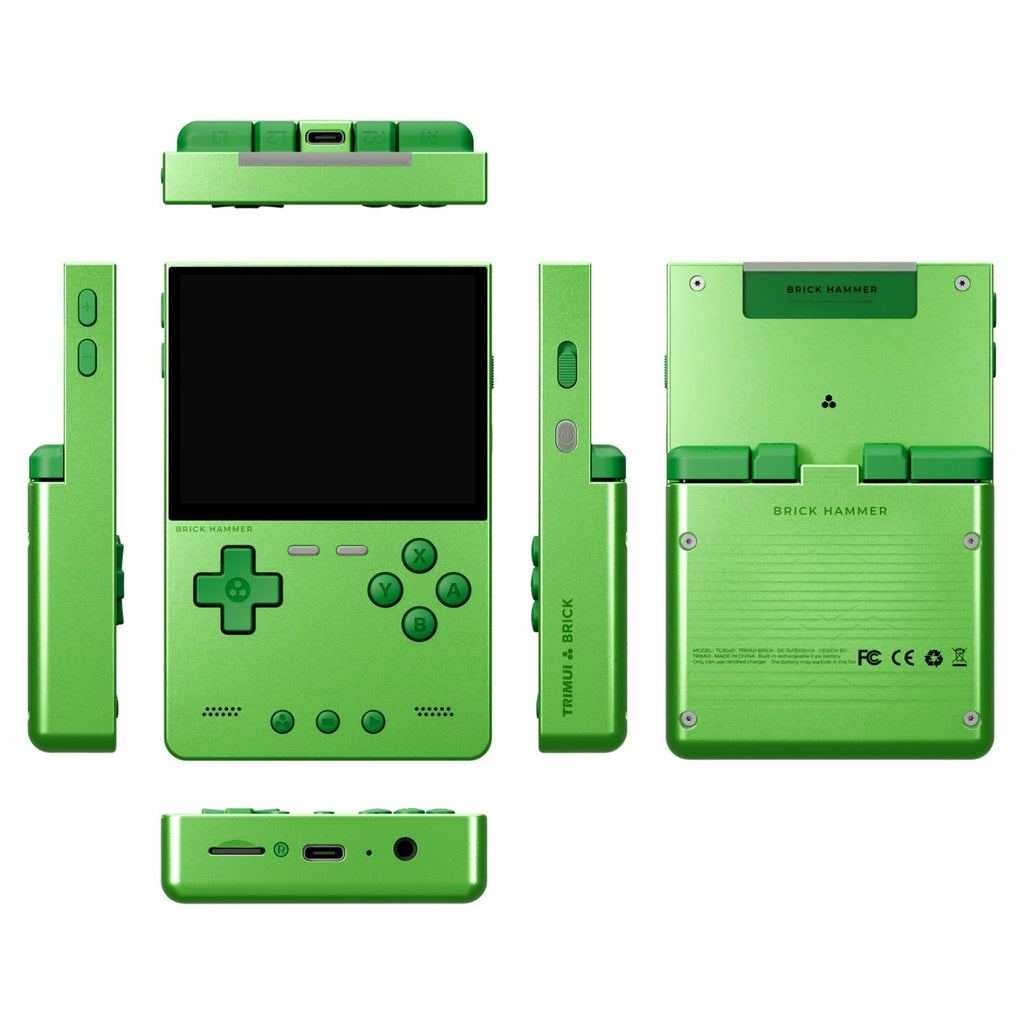 Green trimui brick hammer gaming console with multiple views on a white background