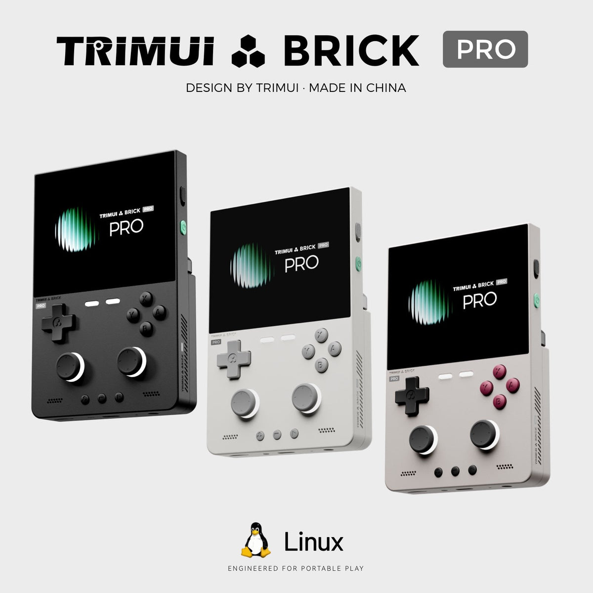 Three Trimui Brick Pro handheld gaming consoles shown side by side in black, white, and silver-gray colorways, with Trimui Brick Pro branding at the top and Android branding at the bottom on a light gray background.