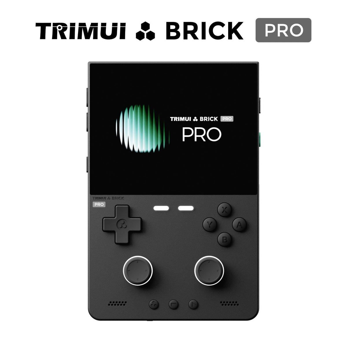 Trimui Brick Pro handheld gaming console shown from the front on a white background, with the Trimui Brick Pro logo displayed above.