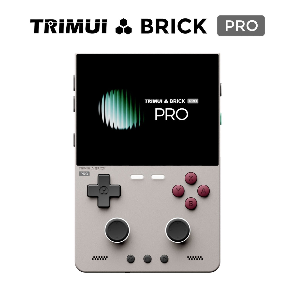 Trimui Brick Pro handheld gaming console shown on a plain white background, with the Trimui Brick Pro logo displayed at the top of the image. The console has a light gray body, a black screen, a black D-pad, and red action buttons.