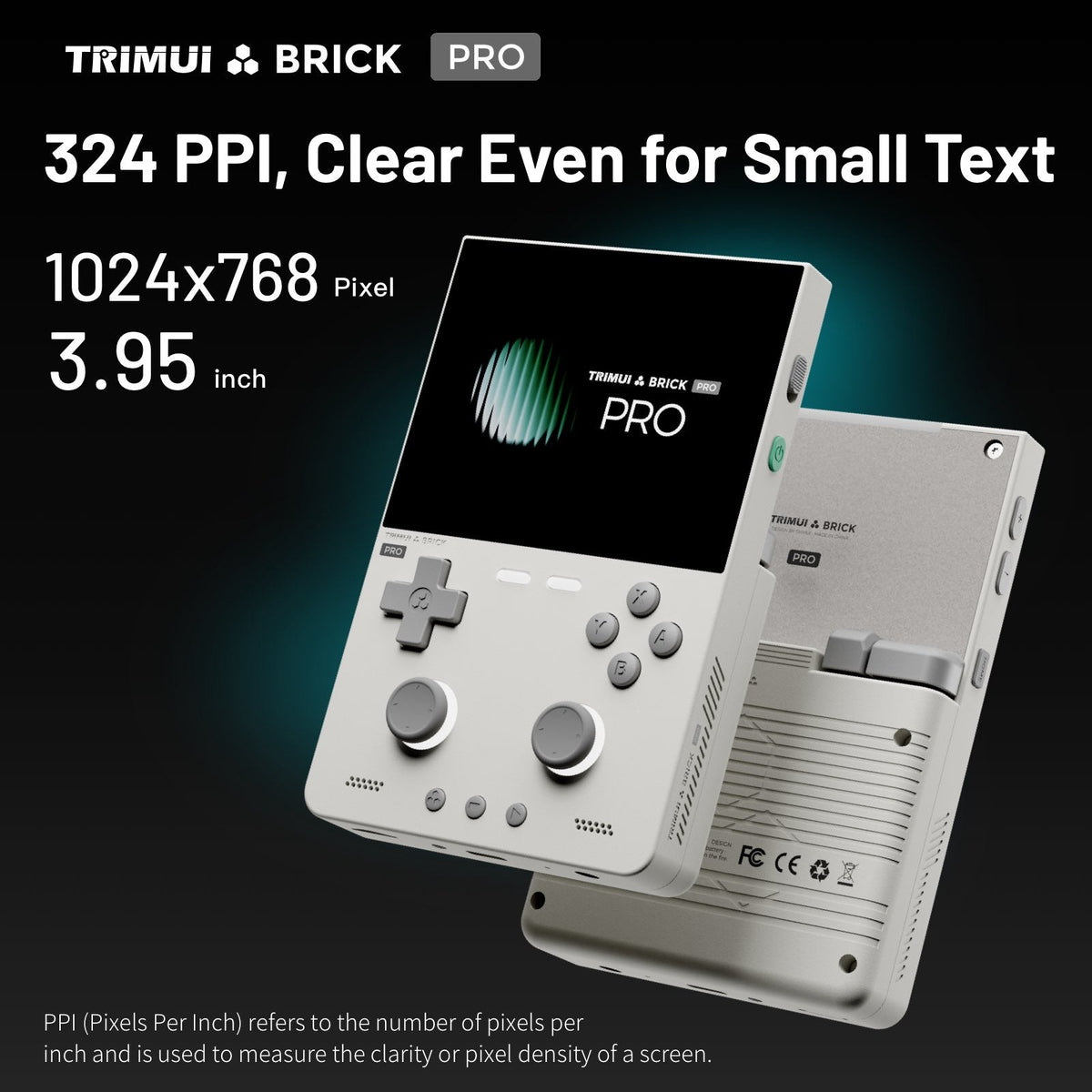A promotional product render of a handheld gaming console shown from front and back on a dark gradient background. Large text at the top reads 'TRIMUI BRICK PRO' and '324 PPI, Clear Even for Small Text' with pixel dimensions and screen size listed.