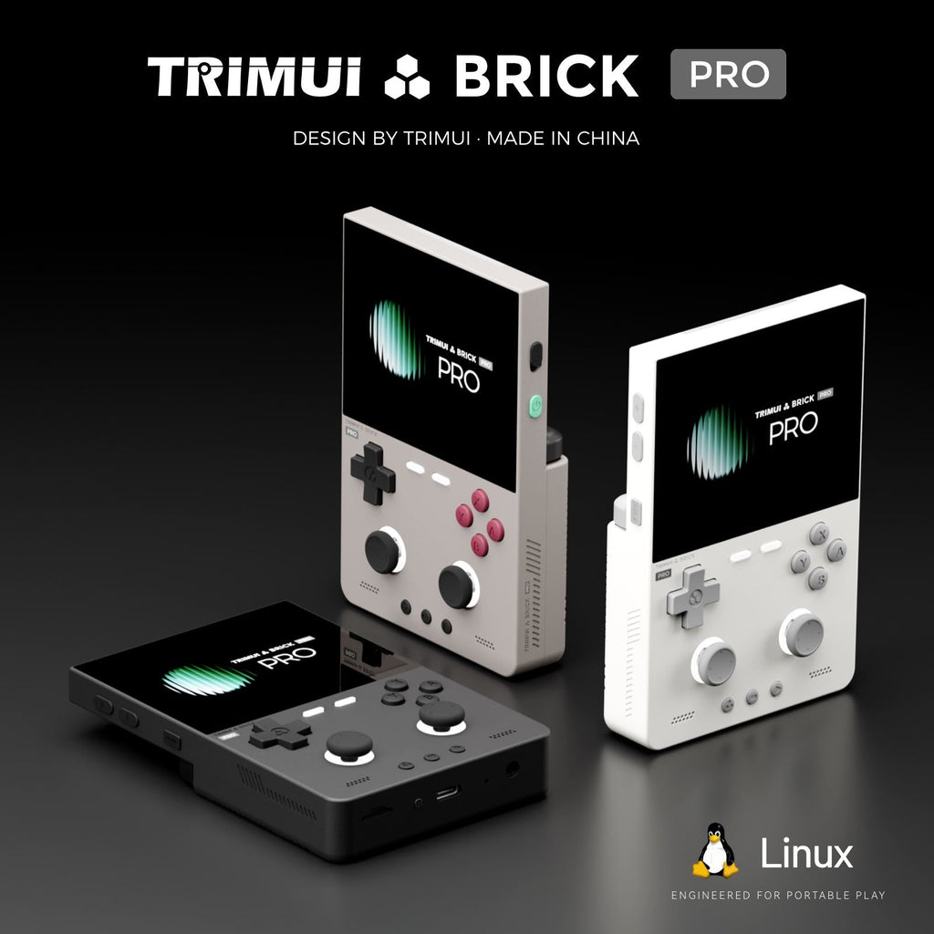 Three portable gaming consoles branded TRIMUI BRICK PRO are displayed on a dark studio background, including one black version and two white versions, with Linux branding in the lower right corner.