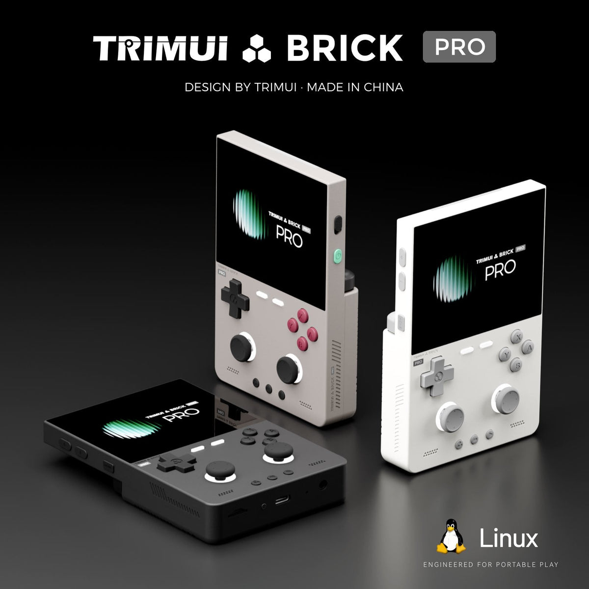 Three portable gaming consoles branded TRIMUI BRICK PRO are displayed on a dark studio background, including one black version and two white versions, with Linux branding in the lower right corner.
