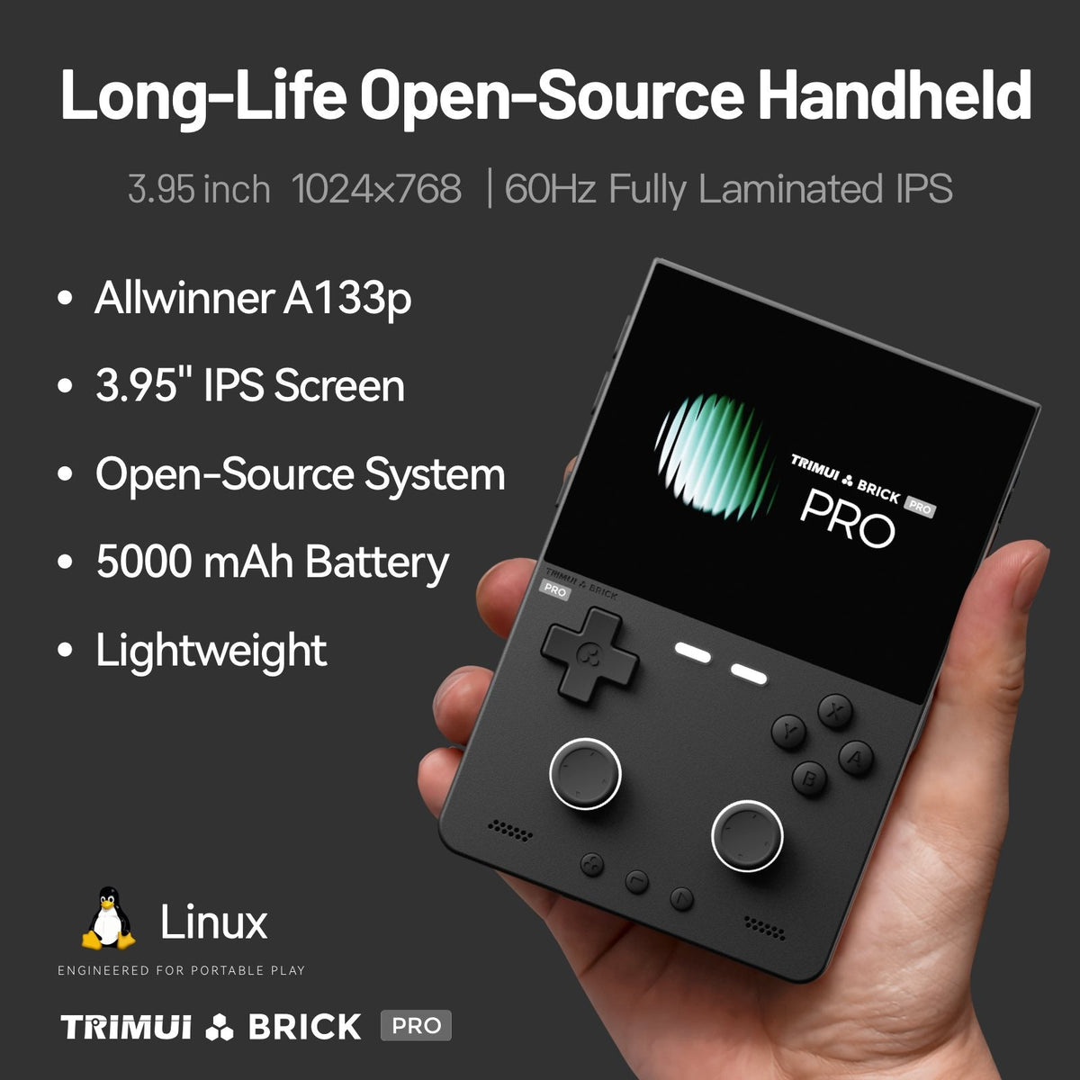 A hand holding a black Trimui Brick Pro handheld gaming console against a dark gray background with white text highlighting its features, including 3.95-inch IPS screen, 60Hz, 1024x768 resolution, A133p processor, and 5000 mAh battery.