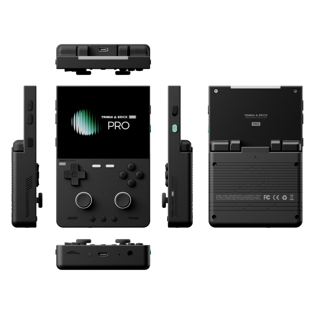 Black Trink & Brick Pro portable gaming device shown from multiple angles on a white background, including front, back, side, and bottom views.