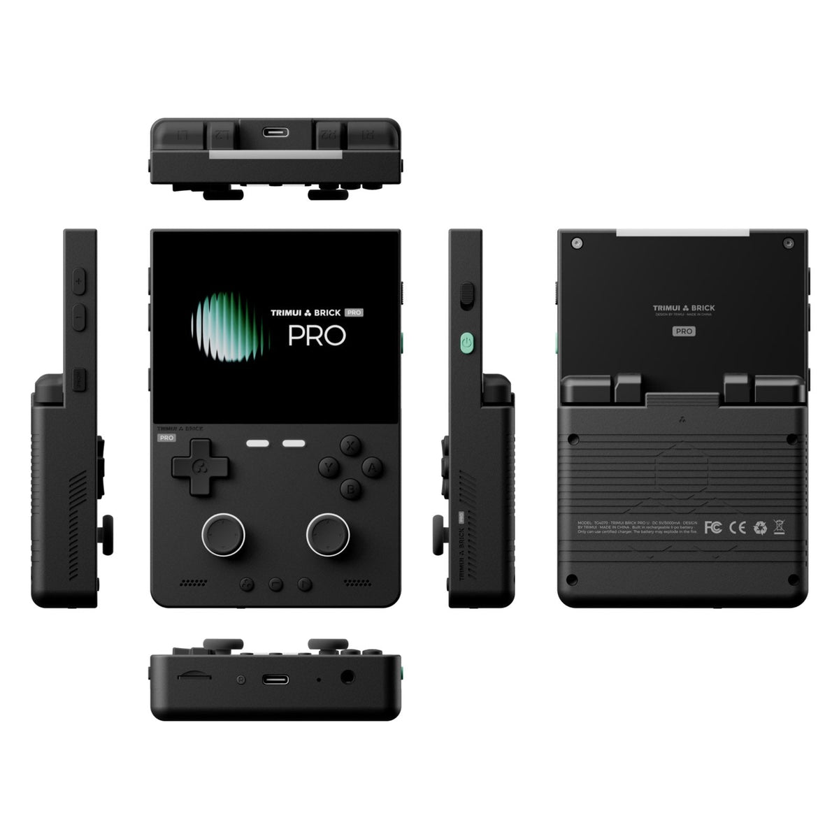 Black Trink & Brick Pro portable gaming device shown from multiple angles on a white background, including front, back, side, and bottom views.