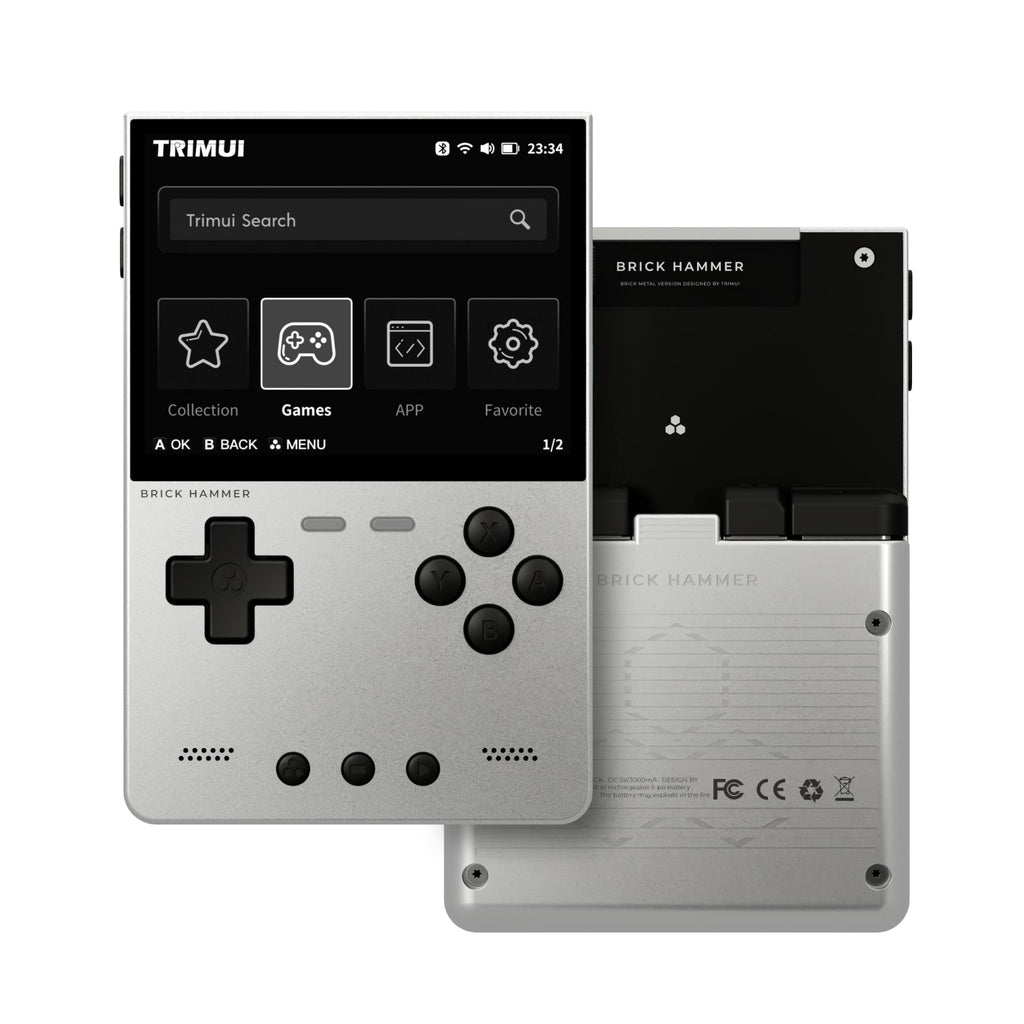 Silver handheld device with game controller design on a white background