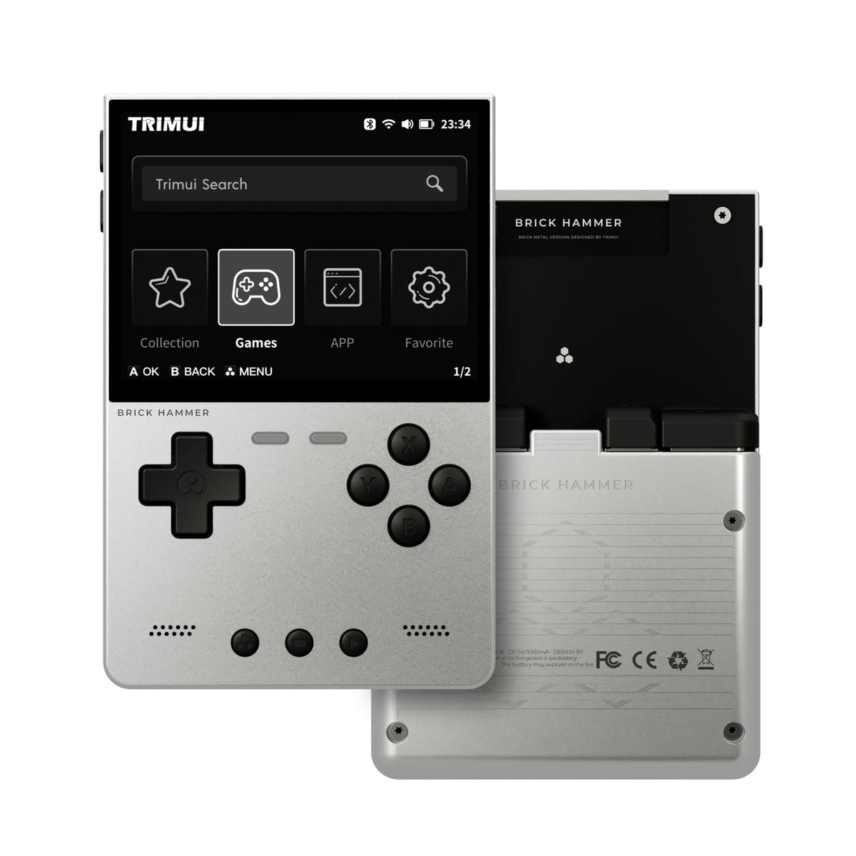 Silver handheld device with game controller design on a white background