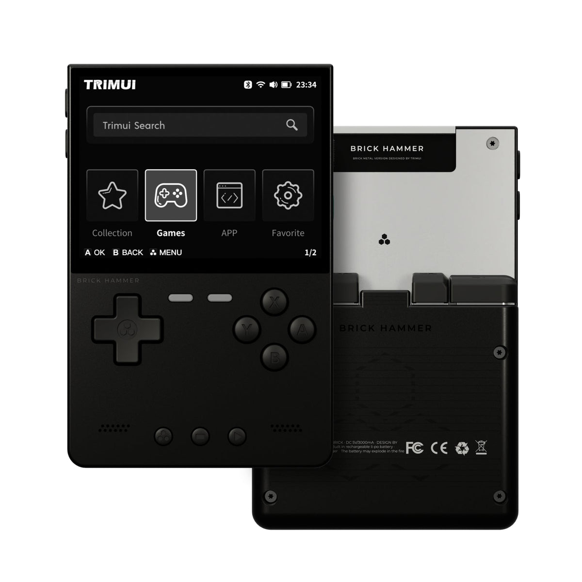 Black handheld device with gaming interface and 'BRICK HAMMER' branding on a white background
