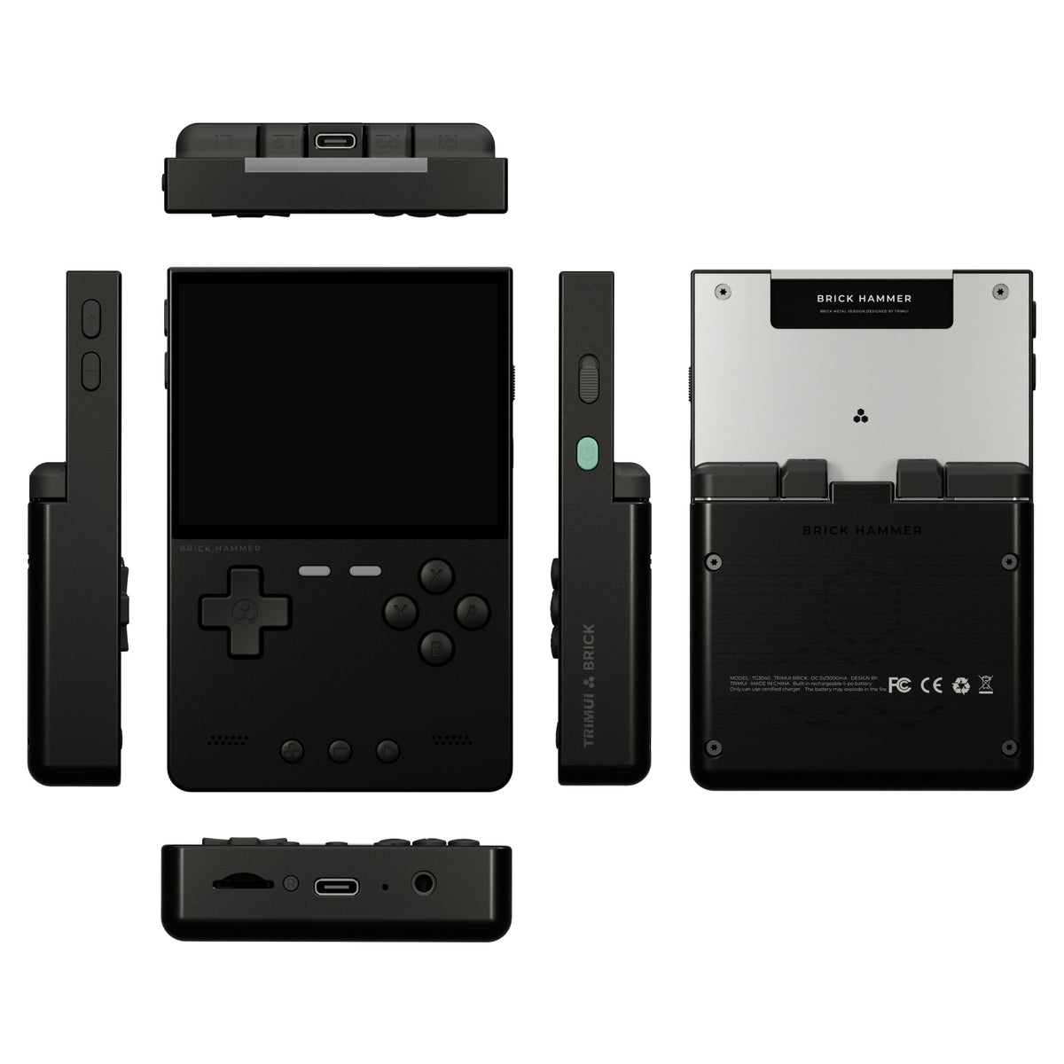 Black trimui brick hammer handheld gaming console with multiple views on a white background