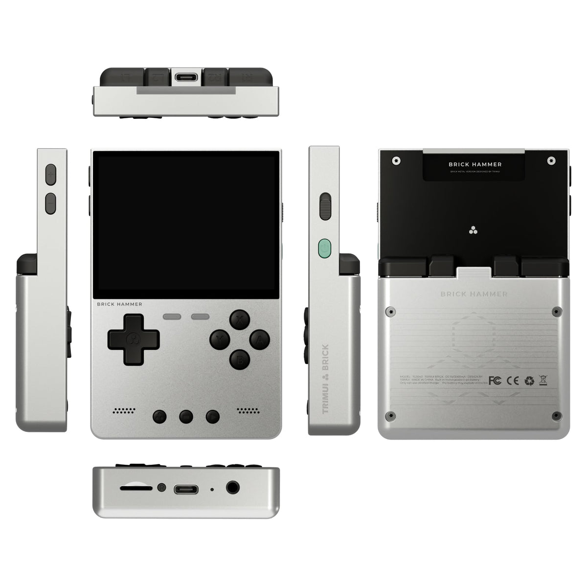 Silver trimui brick hammer handheld gaming console with multiple views on a white background