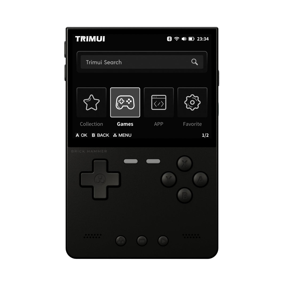 trimui brick hammer black option with a screen displaying a user interface