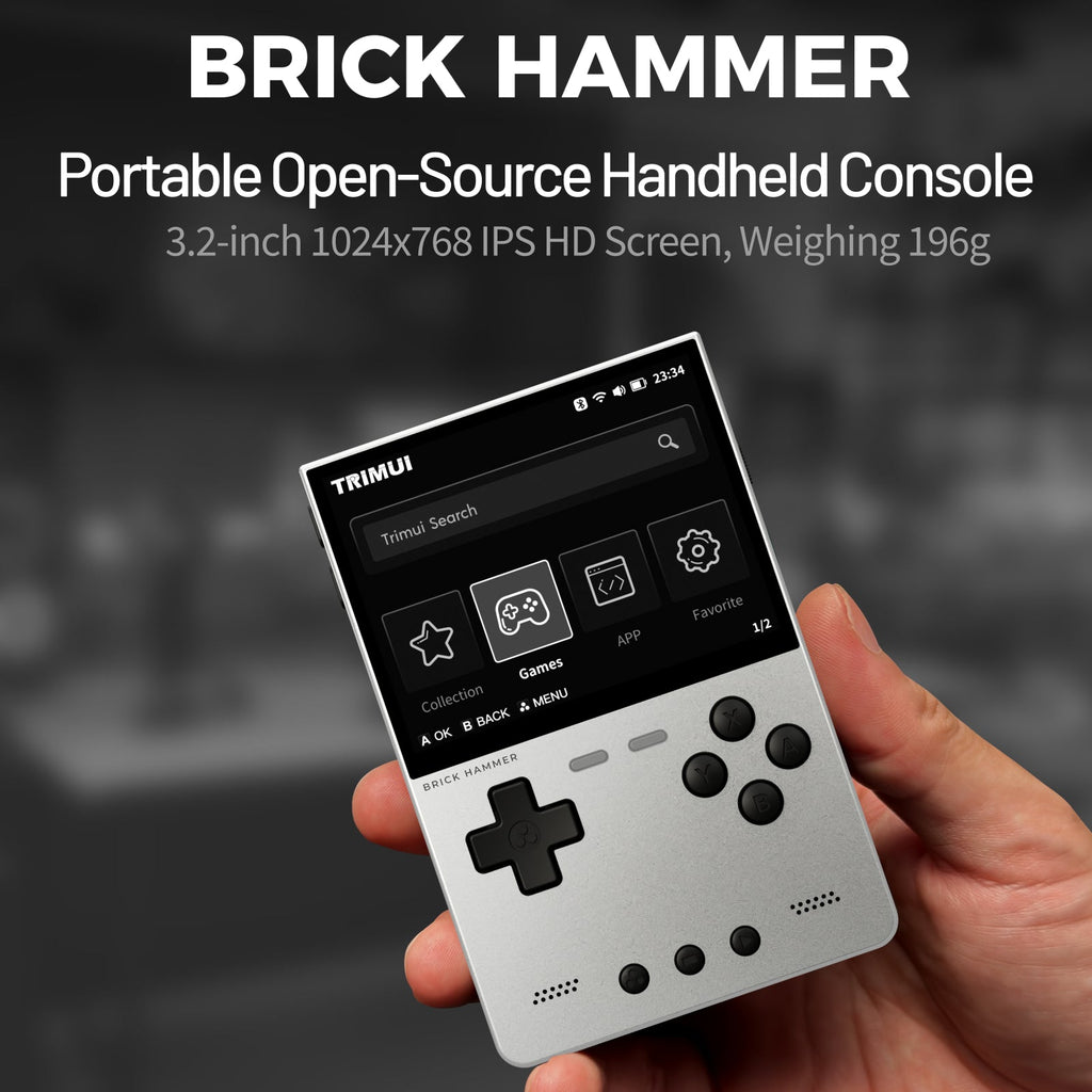 Portable open-source handheld console held in a hand with text 'BRICK HAMMER' and product details.