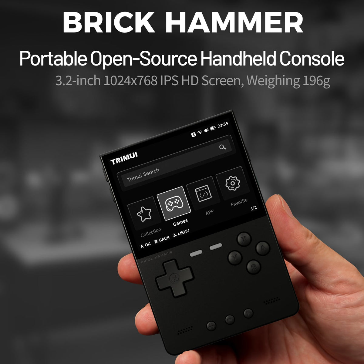 Black handheld console held in a hand with 'BRICK HAMMER' branding and specifications.