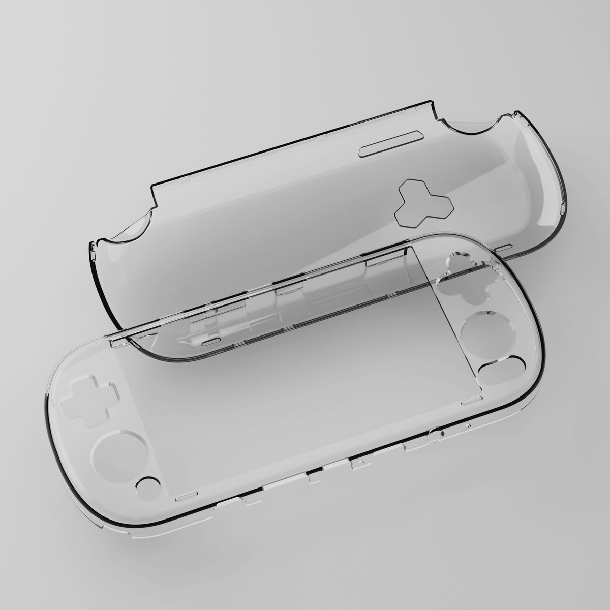 Clear protective case for a handheld gaming device on a light gray background